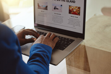 Laptop screen, travel website and hands of businessman typing information on vacation planning, marketing or online blog writing. Black man, ux web design for contact us, booking faq or about us page - obrazy, fototapety, plakaty