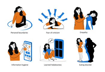 Set of concepts of mental health and psychology. Psychological disorders, various positive, negative states of people. Vector illustration isolated on a white background.