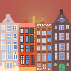 Amsterdam cozy and cute houses on a orange background.