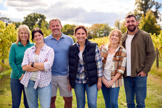 Portrait Of Team Of Graper Pickers At Harvest Working In Vineyard Producing Wine