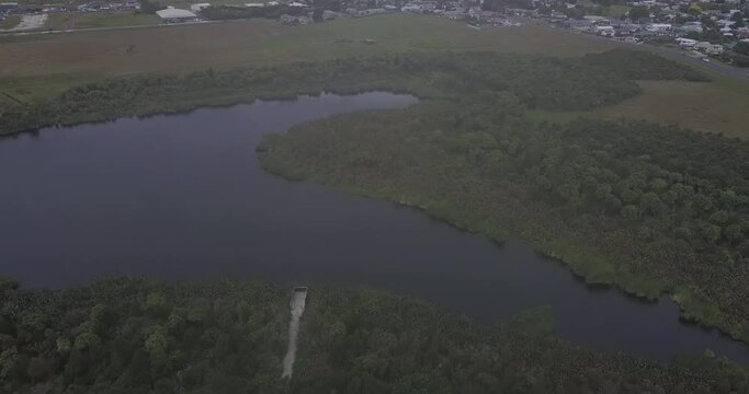 Aerial view of the Horseshoe Lake (Lake Waiwhakareke), Waikato, New Zealand