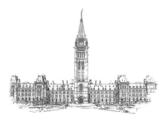 Built in the Gothic Revival style, Center Block is the main building of the Canadian Parliament complex on Parliament Hill, in Ottawa, Ontario, ink sketch illustration
