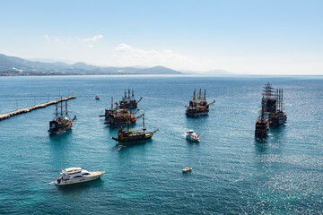 Aerial view of tourist ships in the Mediterranean Sea, Alanya