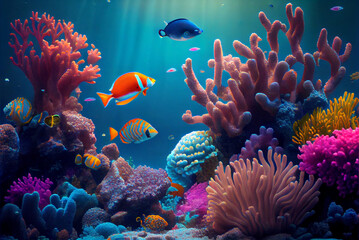 Fototapeta na wymiar A colorful coral reef teeming with various types of fish, AI-Assisted Image