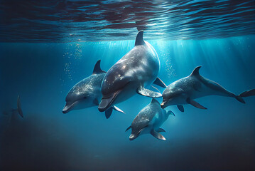 Group of playful dolphins in the wild. AI-Assisted Image. - obrazy, fototapety, plakaty