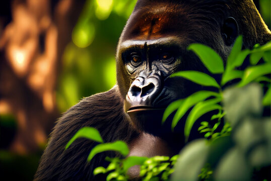 Gorilla in a lush jungle setting, a powerful and majestic animal. AI-Assisted Image