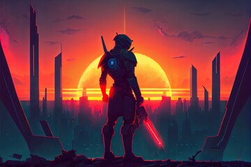 Futuristic cyber soldier stands against the sunset