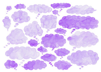 紫のふわふわとした雲型の吹き出し水彩素材