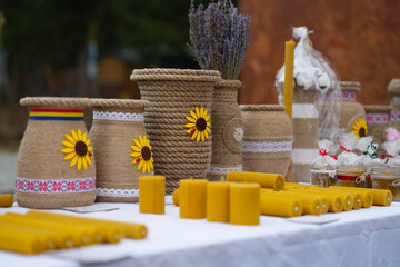 beeswax candles. handmade bee honeycomb candles. detail.