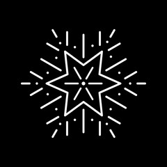 Isolated vector Star Icon on black background. The white outline of star and rays. Christmas winter sign. Modern design for decorations, creatives, greeting cards, packaging design, banners, and web.
