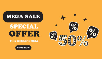 Mega sale special offer, Neon 30 off sale banner. Sign board promotion. Vector