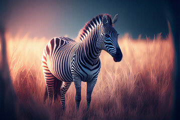 Zebra in natural grassland, surrounded by long grass. AI-Assisted Image.