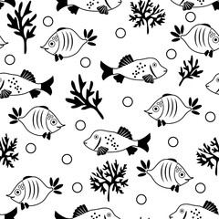 Fishes and algae cartoon monochrome, vector illustration. Seamless pattern black on white background.