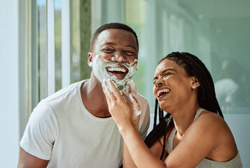 Skincare wellness, happy couple in bathroom and shaving face with product for facial treatment....