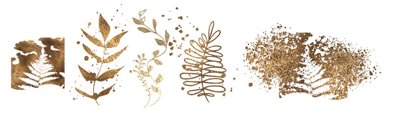 Vector plants and grasses in gold style with gloss effects and and gold paint splatters. Minimalist style of hand drawn plants. With leaves and organic shapes.