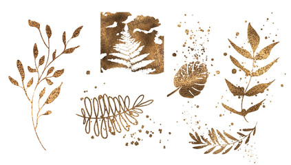 Vector plants and grasses in gold style with gloss effects and and gold paint splatters. Minimalist style of hand drawn plants. With leaves and organic shapes.