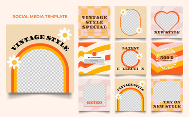 social media template banner fashion sale promotion in vintage yellow orange color. fully editable instagram and facebook square post frame puzzle organic sale poster. - obrazy, fototapety, plakaty