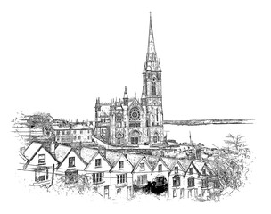 Street in Cobh and the cathedral of St. Colman, Ireland, ink sketch illustration.