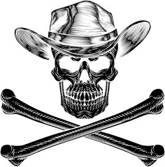 A cowboy grim reaper skull wearing a country or western style hat with pirate cross bones - obrazy, fototapety, plakaty