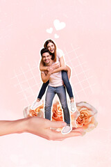 Artwork designed collage photo of young couple family husband hold piggyback wife stay arm palm...