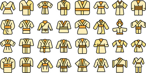 Kimono icons set outline vector. Asian japanese. Geisha woman color flat