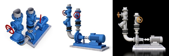 3D model of an industrial pump and pipe section with shut off valves on a white isolated background. 3d illustration.