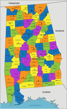 Colorful Alabama political map with clearly labeled, separated layers. Vector illustration.