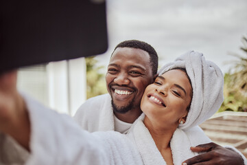 Happy, morning and black couple phone selfie moment with cheerful smile at hotel in South Africa. Wellness, relax and love of people bonding together with mobile photograph for social media. - obrazy, fototapety, plakaty