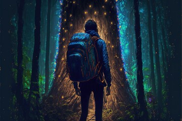 Obraz na płótnie Canvas The traveler is standing near a large tree, digital art