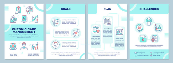 Chronic care management turquoise brochure template. Leaflet design with linear icons. Editable 4 vector layouts for presentation, annual reports. Arial-Black, Myriad Pro-Regular fonts used