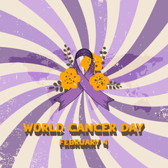 A vector illustartion dedicated to World Cancer Day on 4th of February in retro style. The illustration is made in lavender and orange colors 