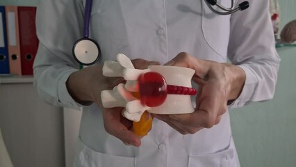 Closeup of female doctor hand with artificial disc herniation and spine model. Treatment of herniated discs and diseases of spine