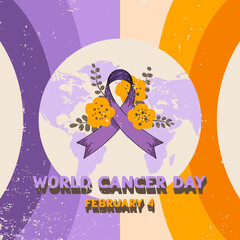 A vector illustartion dedicated to World Cancer Day on 4th of February in retro style. The illustration is made in lavender and orange colors 
