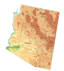 High detailed Arizona physical map.