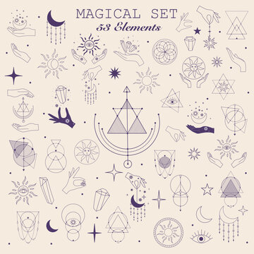 Mystical Elements in a fine line. Magical contour icons Magic and witchcraft, witchy esoteric alchemy, astrology.
