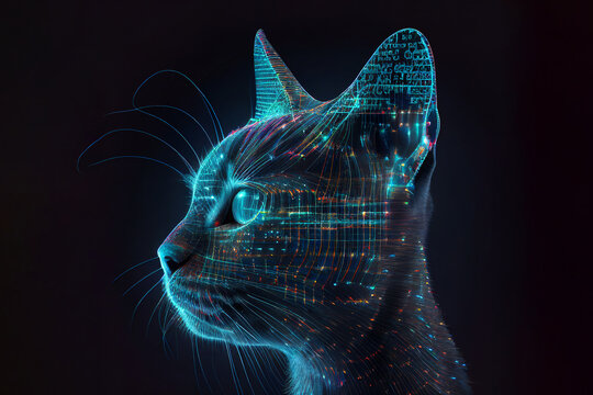 Neural network of a cat brain with big data and artificial intelligence circuit board in the head of a blue feline, outlining concepts of a digital brain, computer Generative AI stock illustration