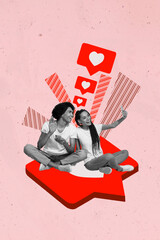 Vertical collage of two mini black white gamma people sit big like notification hold telephone make...