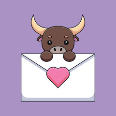 cute bull holding a love letter cartoon mascot doodle art hand drawn outline concept vector kawaii icon illustration