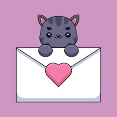 cute cat holding a love letter cartoon mascot doodle art hand drawn outline concept vector kawaii icon illustration