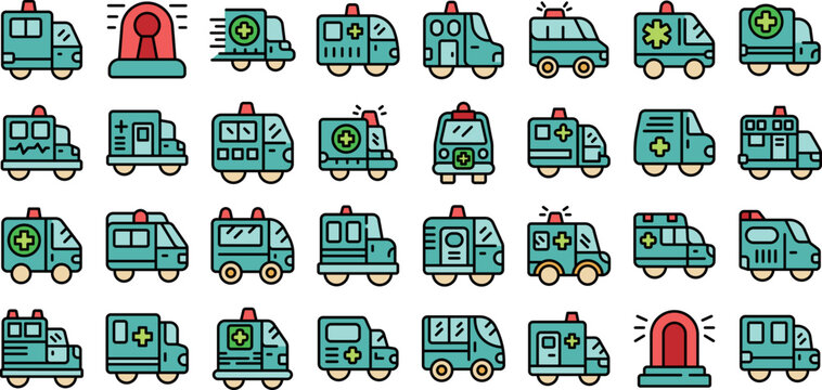 Emergency vehicles icons set outline vector. Ambulance transport. Car service color flat