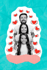 Vertical collage portrait of pile stack three black white effect people hug toothy smile painted hearts isolated on drawing background