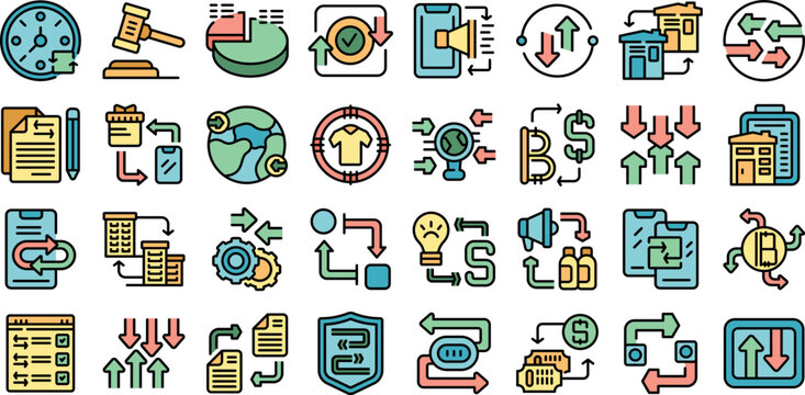 Barter icons set outline vector. Agriculture change. Meeting trade color flat