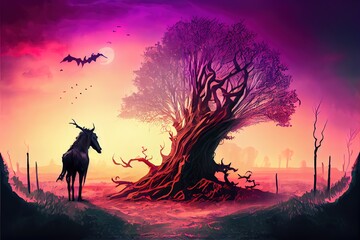 A man on a horse near a creepy tree, horror atmosphere