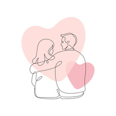 Valentines day holiday, relationships and marriage concept. Vector one line art illustration. Pink splash of heart shape. Man and woman embracing. Design for greeting card and banner.