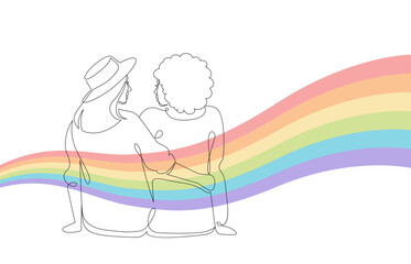 Valentines day holiday, relationships and marriage concept. Vector one line art illustration. Color rainbow lgbt symbol. Couple of girl embracing. Design for greeting card and banner.
