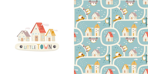 Little Town Print Card and Seamless Pattern for Kids Fabric, Textile, Wrapping Paper, Nursery Design. Vector Set with Cartoon City Map, Houses and Cars