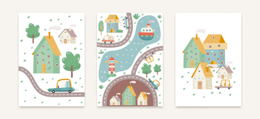 Little Town Nursery Wall Art Cute Posters Set with Cartoon Houses and Car. Vector Print for Baby Room, Shower Card, Kids T-shirt