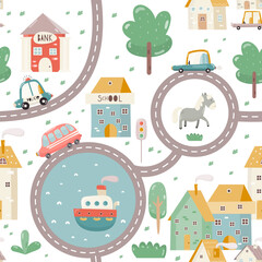 Naklejka premium Town Map Kids Seamless Pattern with Cartoon Cars, Houses, Roads. Vector Illustration. Cute City Background for Kids Fabric, Textile, Wrapping Paper, Nursery Design