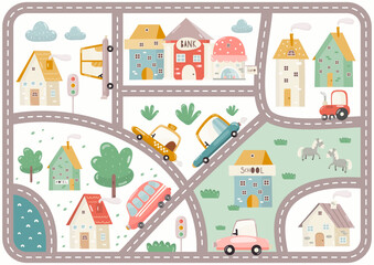 Play Mat for Kids. Cityscape with Cartoon Houses, Cars, Buildings School, Bank, Hotel, Cafe. Map with City Road. Vector Illustration
