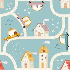 Fototapeta na wymiar Little Town Kids Seamless Pattern with Cartoon Houses, Roads and Cars. Vector Illustration. Cute City Map Background for Kids Fabric, Textile, Wrapping Paper, Nursery Design